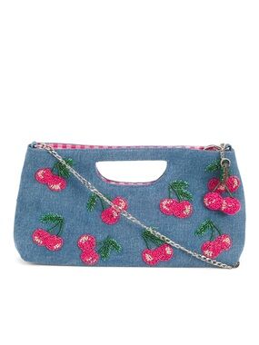 Cherry Hill denim crossbody chain bag beaded cherry motifs pink gingham lining